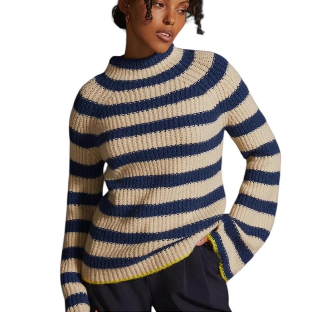 Anthropologie Navy and Cream Striped Turtleneck Sweater